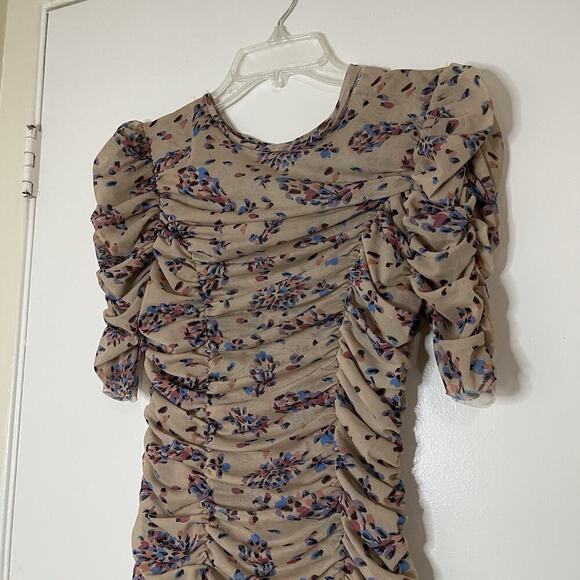 Free People Briella Midi tan floral dotted cinch side slit Dress XS -read - Picture 3 of 9